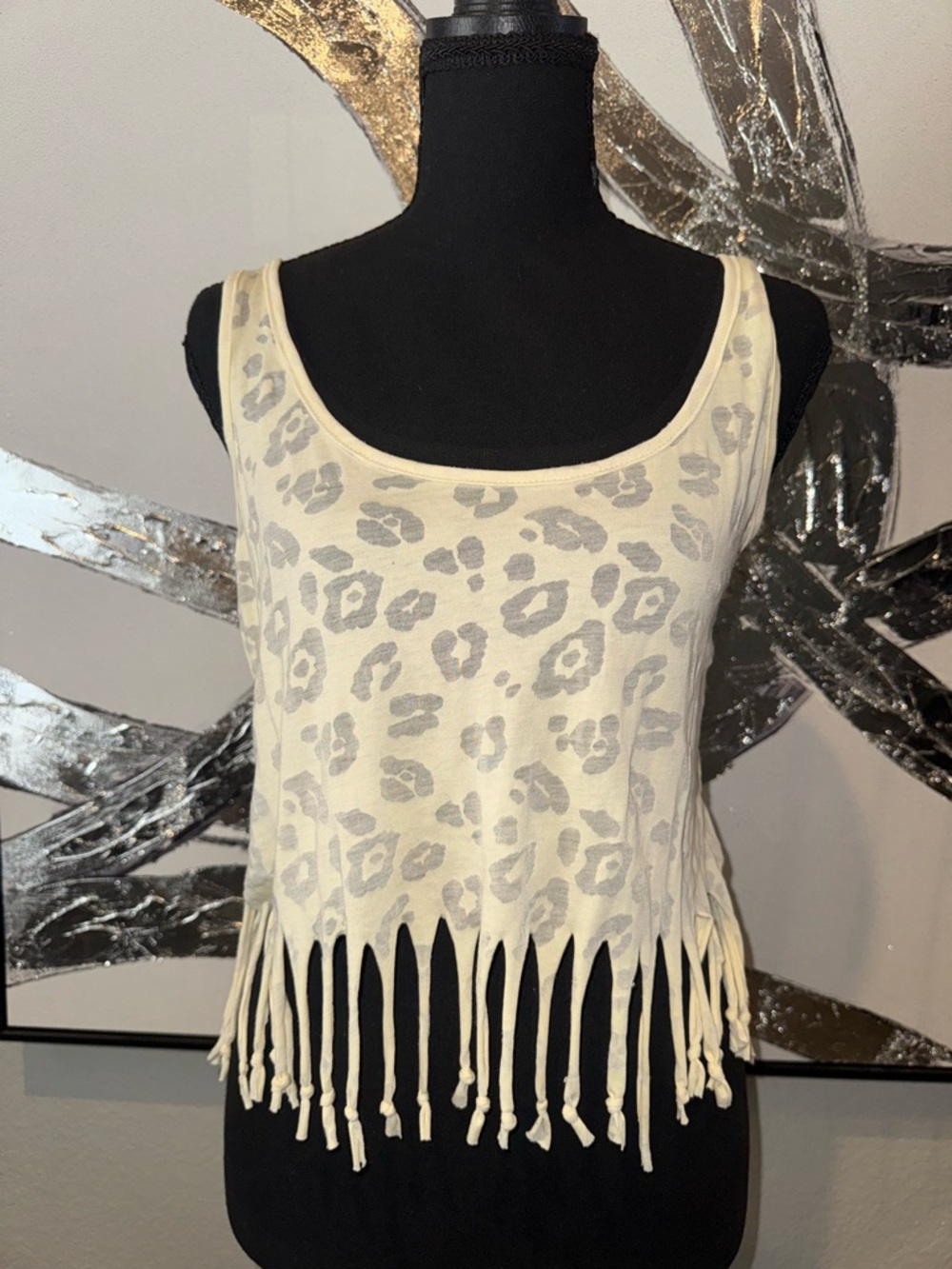 Nollie Cream Tank Top with Gray Leopard Print and Fringe